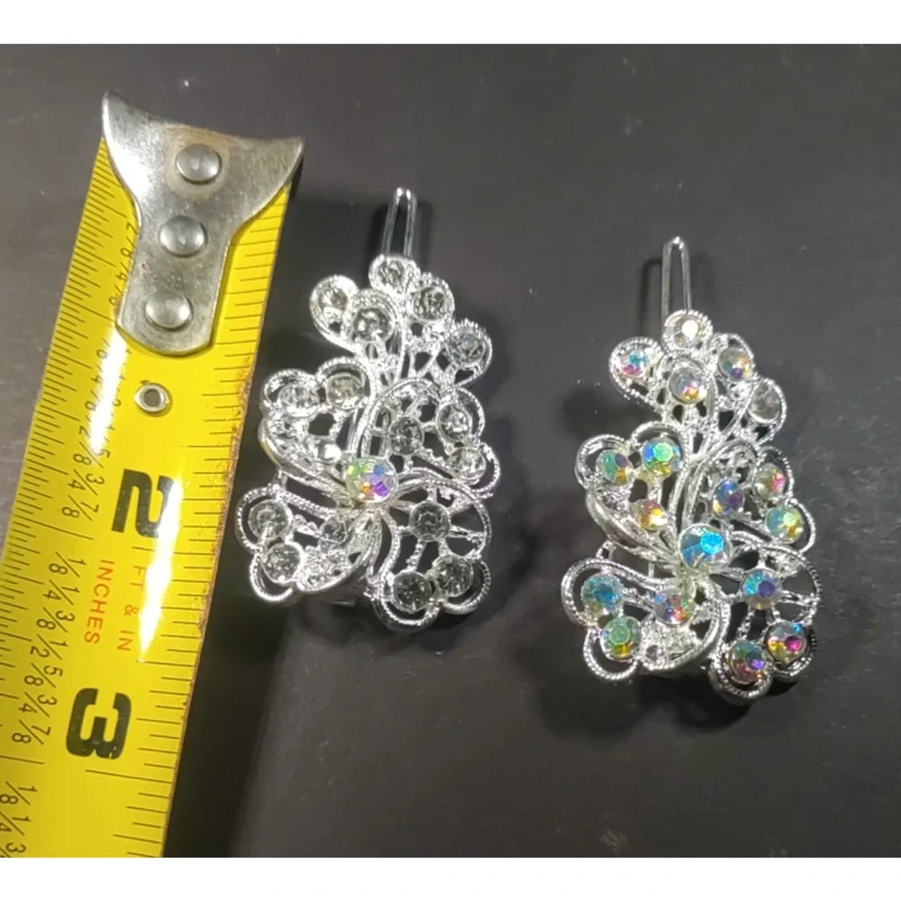 Lot Of 2 Hair Barrettes Silver Tone Rhinestones Fancy Color Different